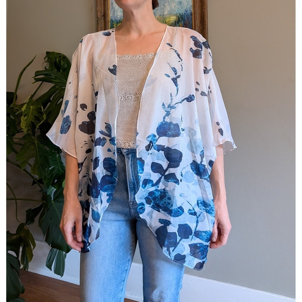 Sheer Kimono Open Front Cardigan L Blue Lightweight Abstract Artistic Watercolor